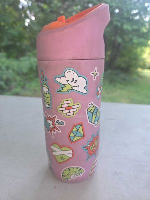 Pink Sticker-Covered Water Bottle